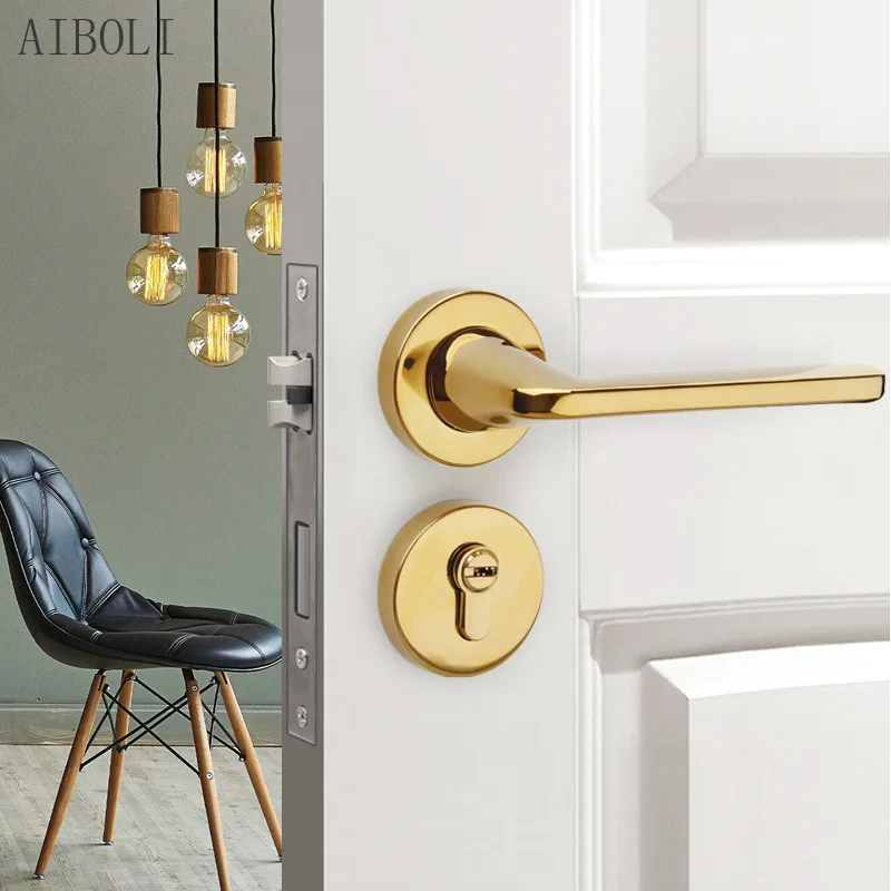 

PVD Bright Gold Wooden Door Split Lock Indoor Bedroom Silent Room Door Lock Stainless Steel Handle Lock