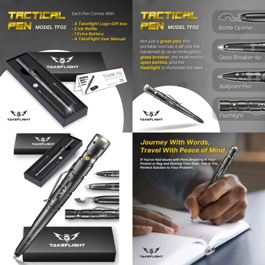 

Tactical Pen with Flashlight Multitool EDC Pen Featuring Glass Breaker and Bottle Opener for Everyday Carry Ideal Gift for Men