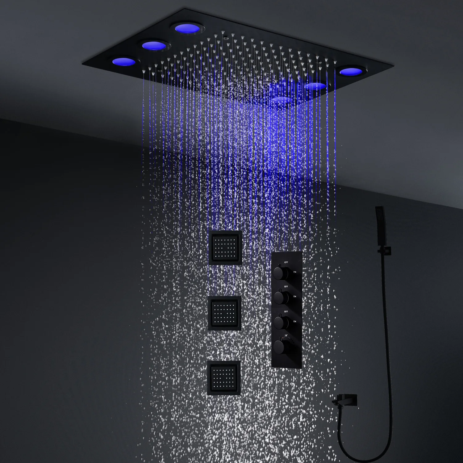 

hm High Quality Bathroom Black Rain Shower Head Panel 20X14Inch LED Shower System Set Thermostatic Diverter Faucet With Body Jet