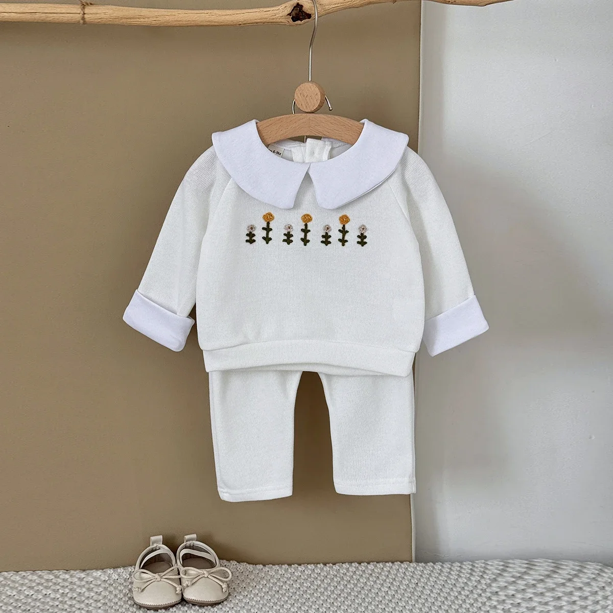 Baby Girl Cotton Set Fall Winter Small Flower Embroidered Lapel Sweatshirt Pants Children Daily Clothing Toddler Outfit 1-3 Year