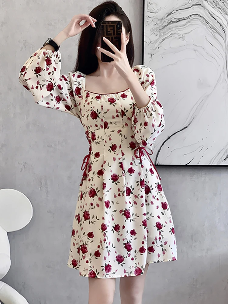 

2025 New Floral Chiffon Long Sleeve Square Collar Mini Dress Women Elegant Chic Bow Bandage Dress Autumn Korean Bodycon Vestidos