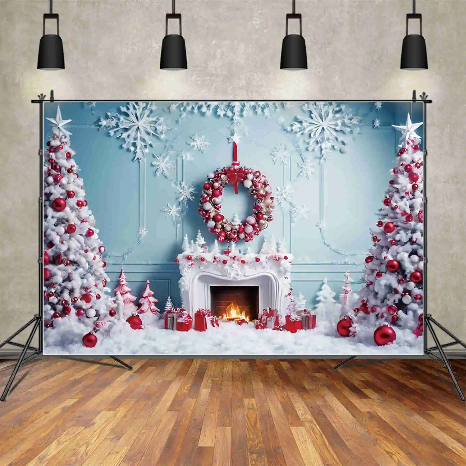 MOON.QG Christmas Snow Tree Backgrounds Living Room Snowflake Gift Silver Western Backdrop Party Decor Photo Shoot Accessories