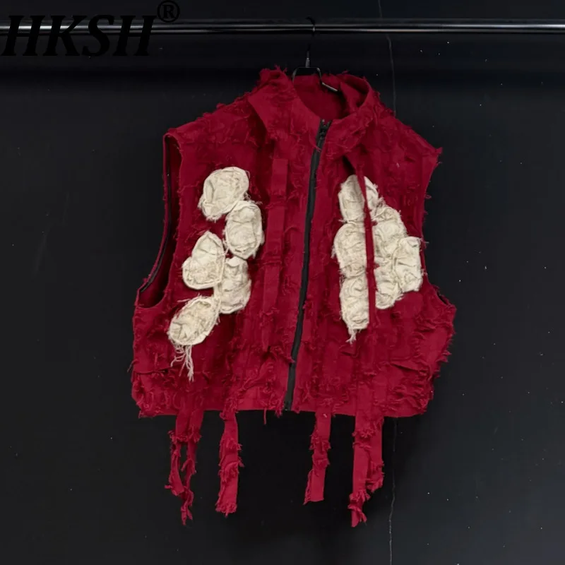 HKSH Spring Autumn New Men Tide Punk Dark Red Ripped Zipper Vest Loose Casual Trendy Chic Ins Watse Land Style Waistcoat HK19079