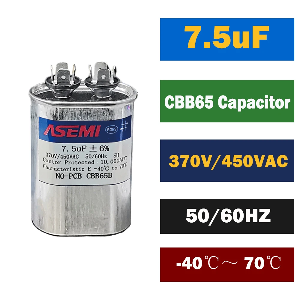 CBB65 7,5 uF 450 V ±6% 7,5 MFD 370 V Condensador de arranque de funcionamiento ovalado para funcionamiento de motor de CA o arranque de ventilador y aire acondicionado de bomba fría o de calor