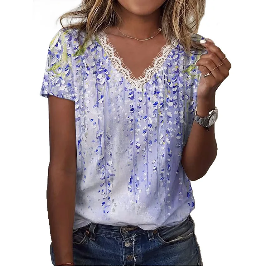 Camiseta informal holgada con estampado de encaje V-Ne para mujer, camiseta de corte holgado con flores y plantas, otros materiales, primavera 2023