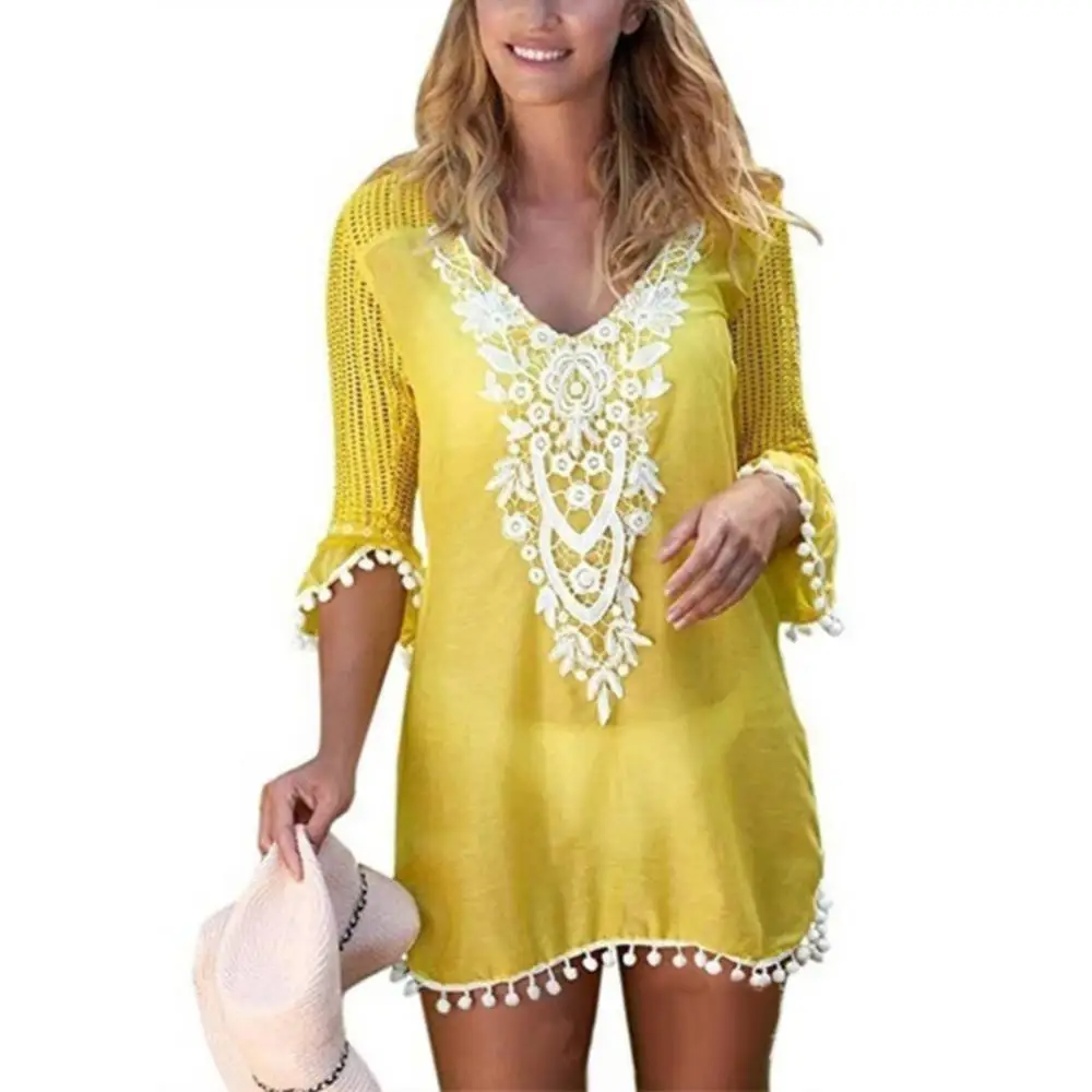 Lace Crochet Pompom Guarnição Bikini Cover Up Vestido para Mulheres, Beach Wear, Plus Size, Verão