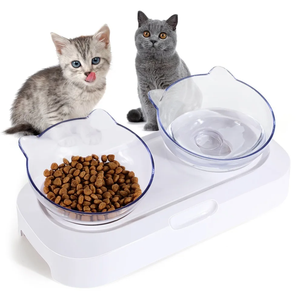 15 Degree Tilted Elevated Cat Food Bowls Transparent Non-Slip Base Double Bowl Set Neck Protection Non-Slip Cat Bowls for Cats