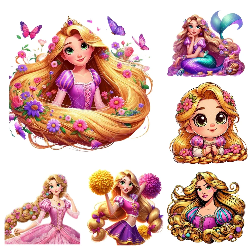 Disney Rapunzel Princess Iron On Heat Transfer Stickers For Clothes Durablepinted Vinyl Thermal Appliques Washable T-shirt Decal