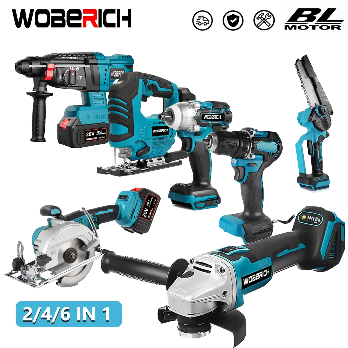 

2/4/5/6 IN 1 Combo Kits Brushless 6 inch Chainsaw Electric jig saw Cordless Impact Drill Angle Grinder Electric circular saw