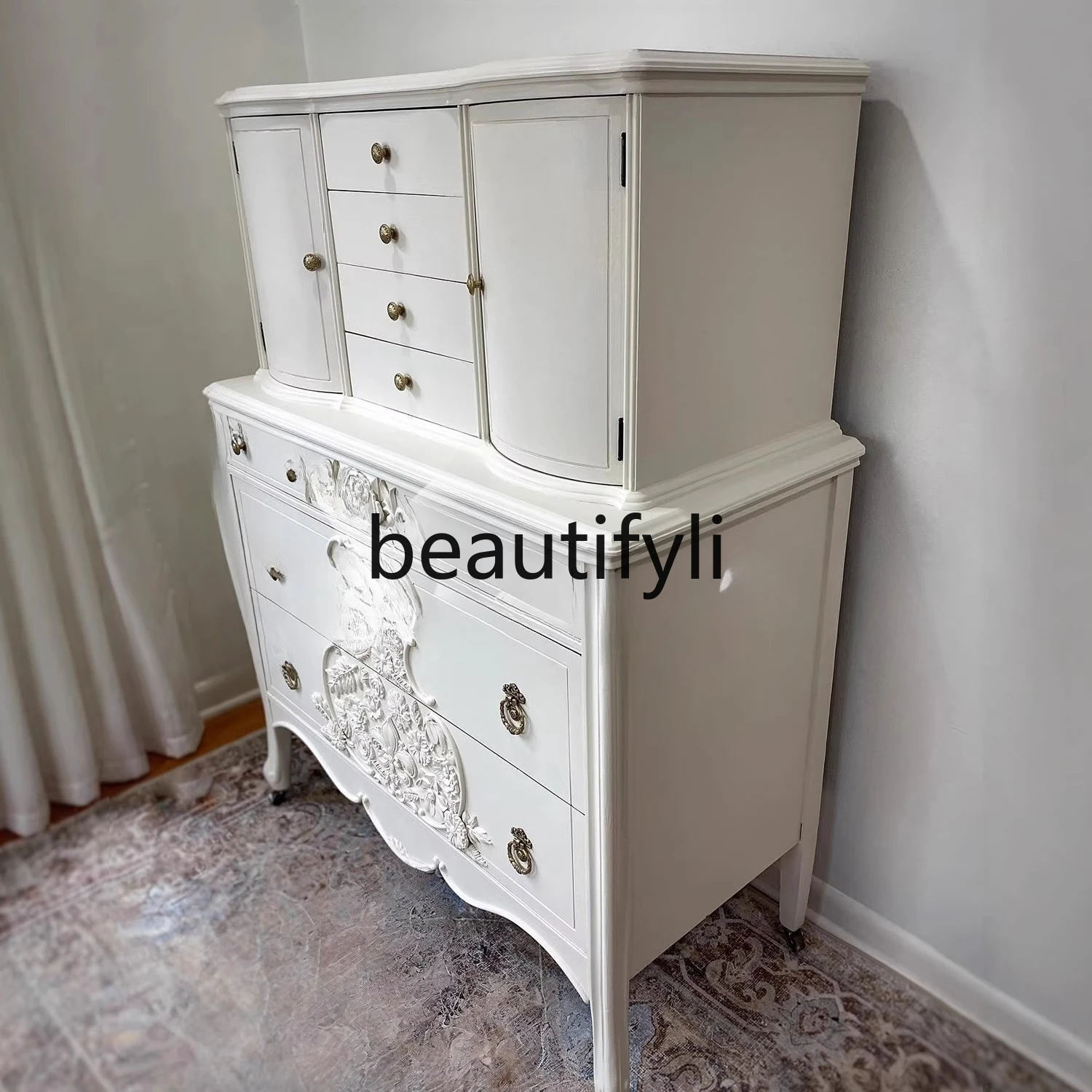 

French Retro White Chest of Drawers Living Room Solid Wood Carved Decoration Dressing Storage Cabinet Drawer Cabinet