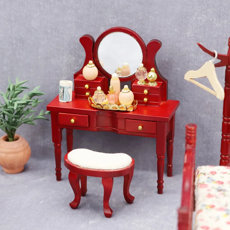 โต๊ะเครื่องแป้งจิ๋วสำหรับบ้านตุ๊กตาขนาด 1:12 - โต๊ะเครื่องแป้งไม้สีแดงสุดหรูพร้อมกระจกและลิ้นชัก |   ของตกแต่งบ้านตุ๊กตา
