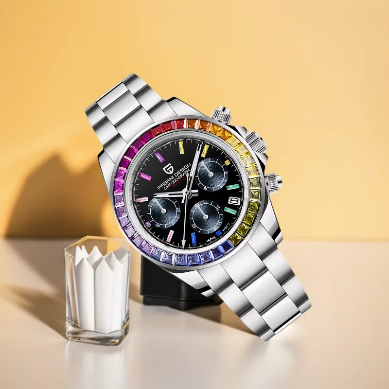 Neue PAGANI DESIGN 1664A Rainbow Lünette Herren Quarz Edelstahl 100M wasserdichte Herrenuhr VK63 Saphir Chronograph