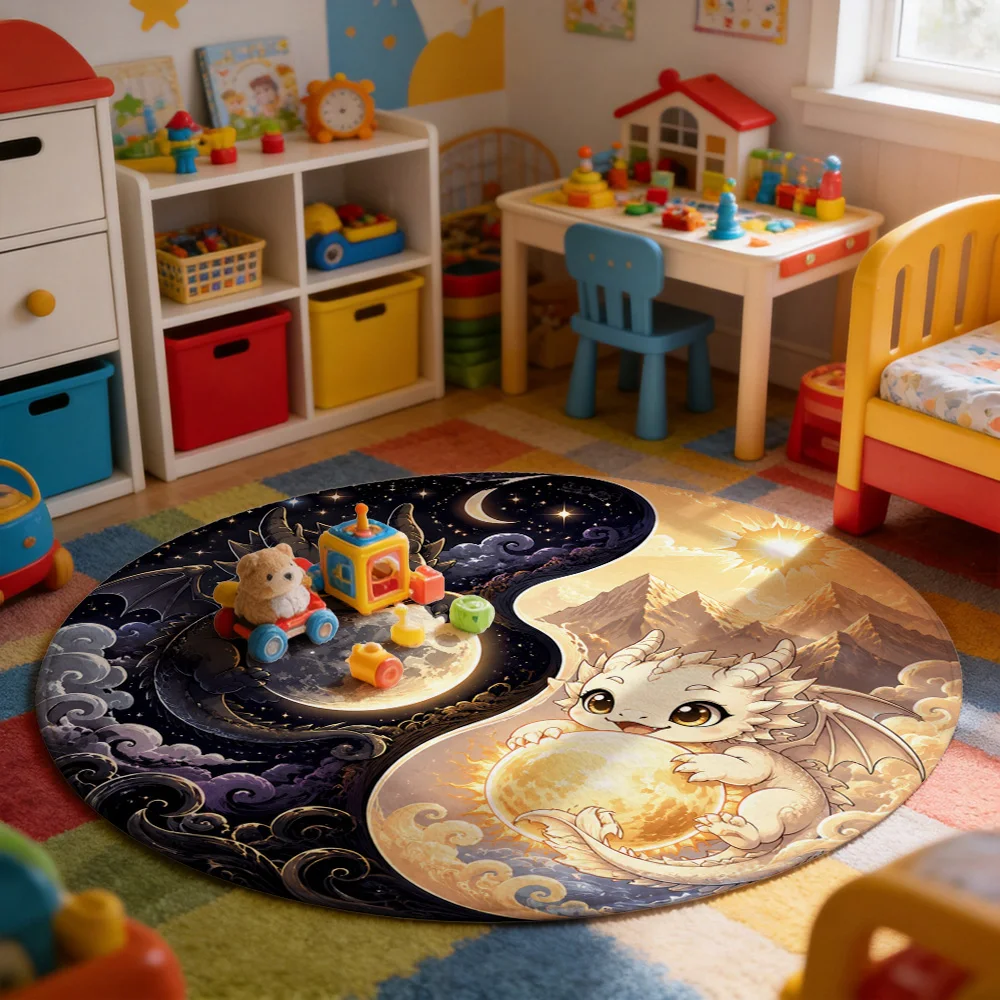 Cute Cartoon Moon Dragon and Character Sleeping on Crescent Moon Area Rug for Kids Nursery Play Mat