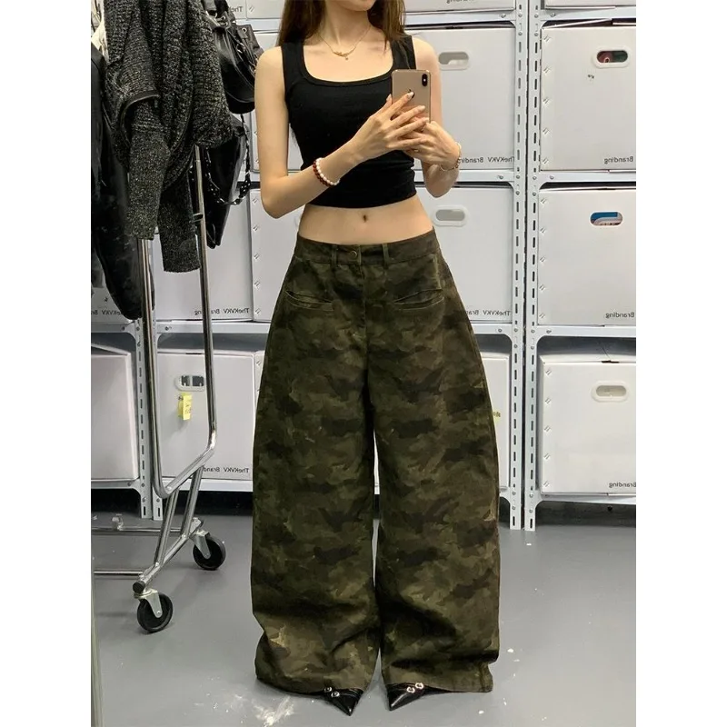 Jean taille haute pour femmes, Baggy, décontracté, Vintage, Camouflage Y2K, pantalon droit, rue américaine, jambes larges, Denim, été