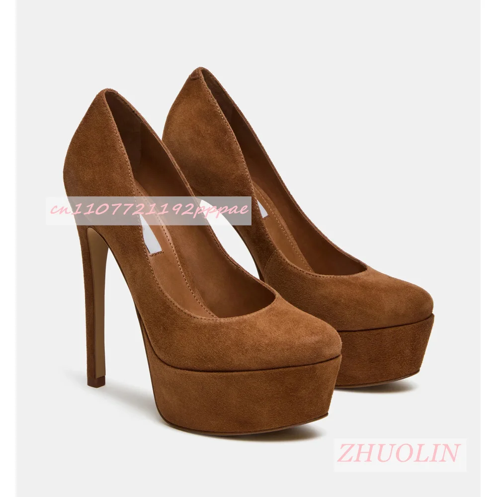

2026 Spring Brown Suede Pumps Women'S Retro Stiletto Heels Low-Cut Platform Shoes Stylish Simple Comfortable Plus Size High Heel