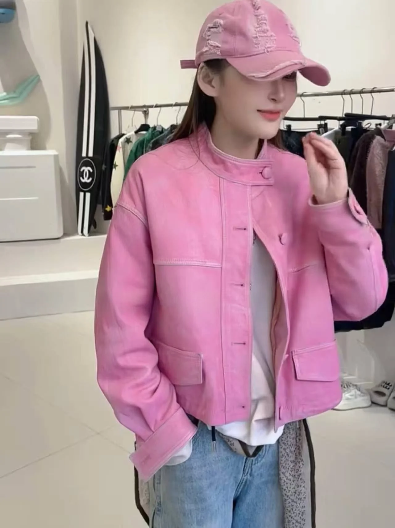 

Spring New Leather Motorcycle Jaet Women's ort Loose Slimming Casual Versatile Top Quali eepskin Long Sve Coat