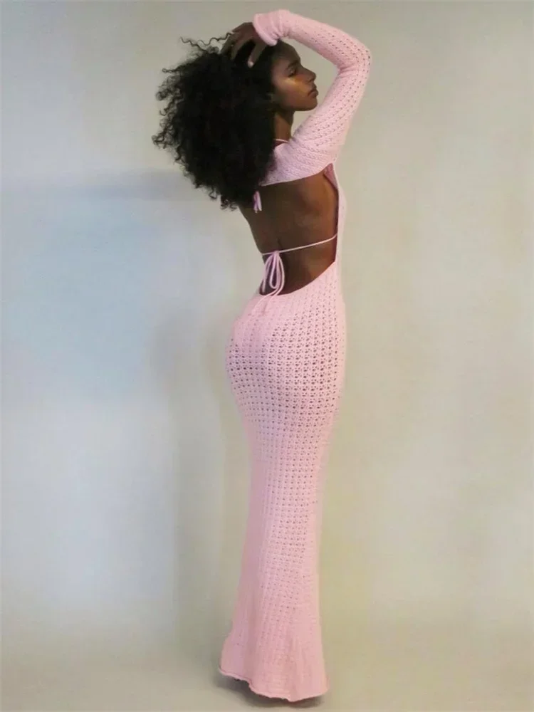 Sexy Backless Cut Out Knit Long Sleeve Slim Maxi Dresses 2024 Summer Beachwear Bikini Cover-ups Women Evening Party Dress A2777