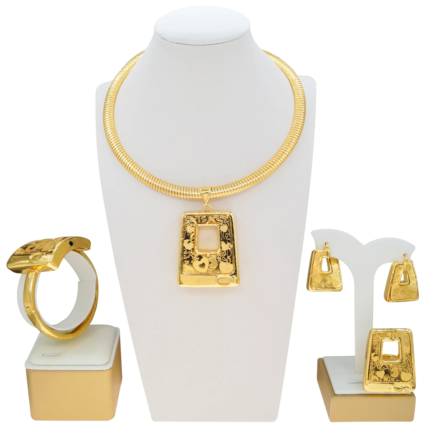 

Yulaili женский золотой квадратный комплект ювелирных изделий с геометрическим рисунком, ожерелье, серьги, браслет, кольцо, винтажные элегантные аксессуары для вечеринок HK0146