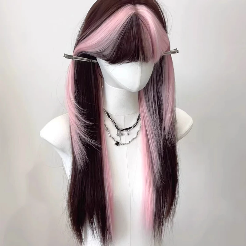 Peluca larga y recta para mujer con mechas rosadas, sintética, extensión, estilo Jirai Kei, para cosplay de Draculaura 3