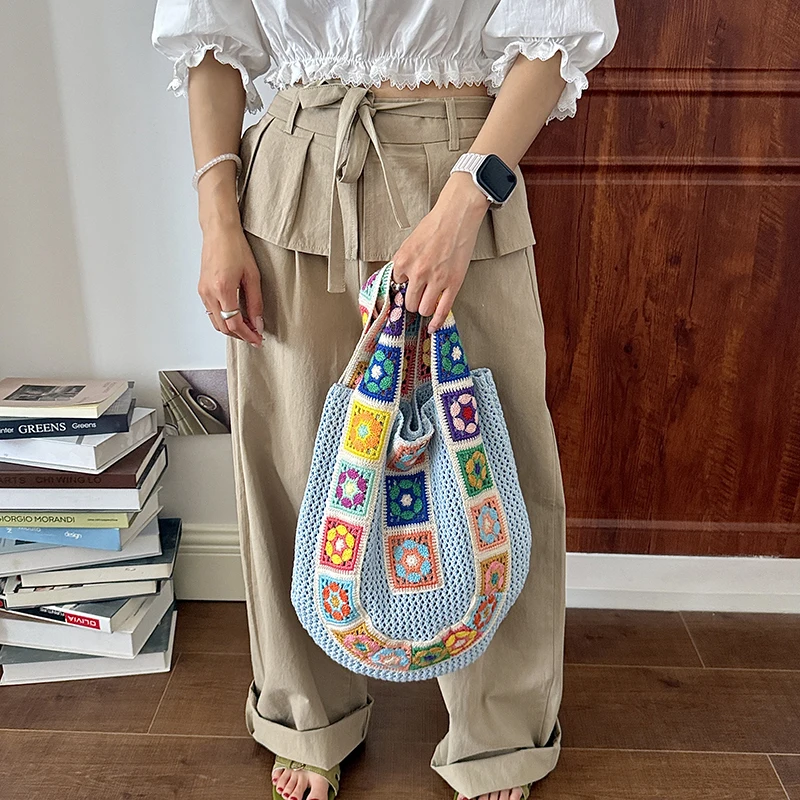 Boho Handmade Crochet Shoulder Bag Ladies Colorful Granny Square Knitted Casual Tote Handbags 2026 New Fashion Crossbody Bags