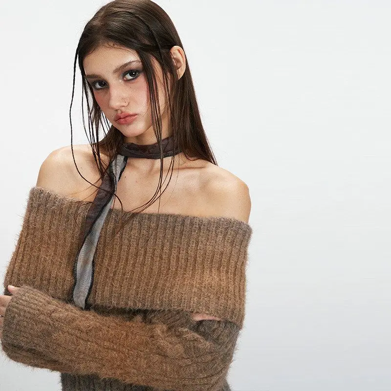 헤이헨리 슬림핏 어깨 노출 롱 슬리브 니트 스웨터 여성용 캐주얼 출퇴근용 폴리에스터 섬유 가을 겨울 착용