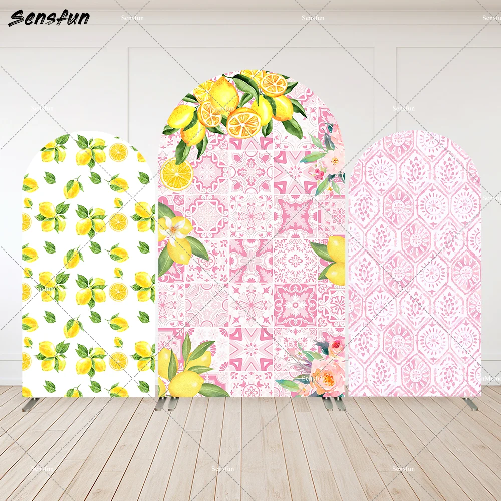 

Custom 2-Sided Lemon Baby Shower Arch Wall Panels Cover Pink Mediterranean Bridal Shower Party Arched Backdrop Banner