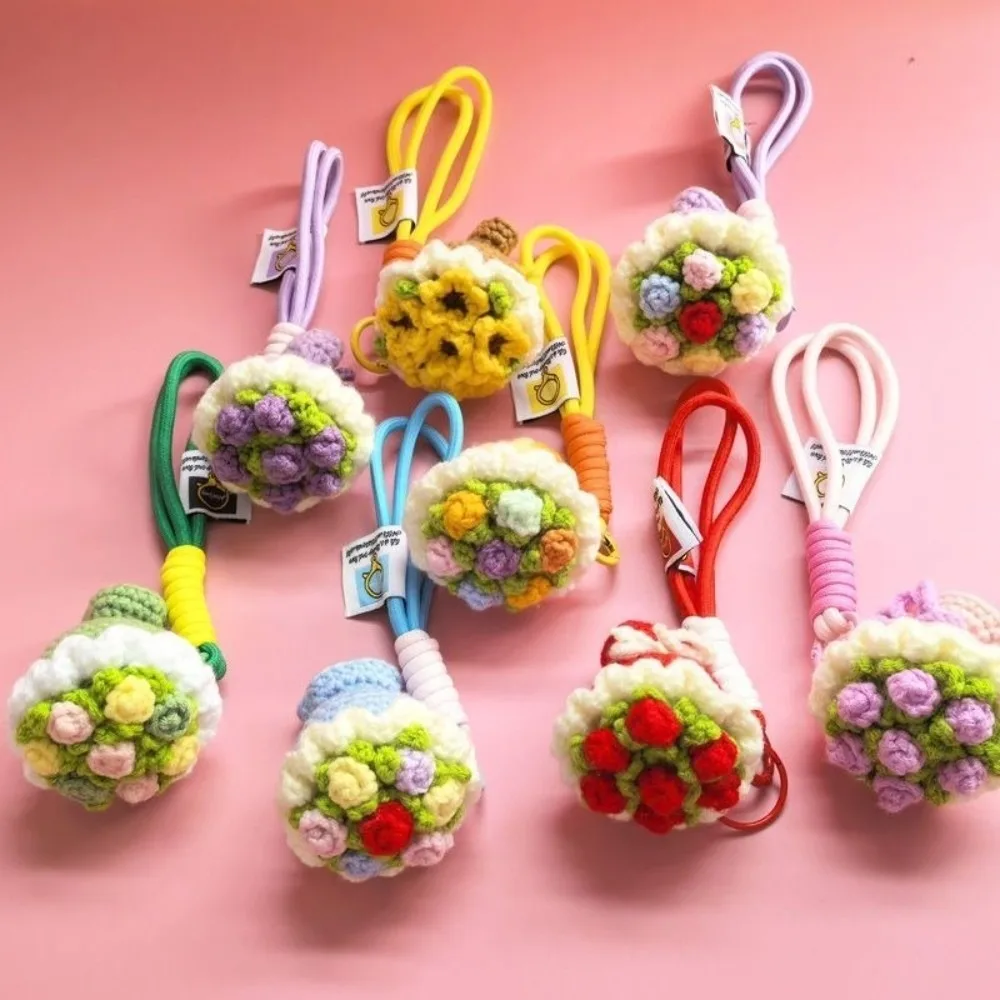 

Creative Crochet Flowers Crochet Rose Bouquet Keychain Mini Handmade Crochet Flowers Mini Flower Charm Phone Bag Keys Accessory