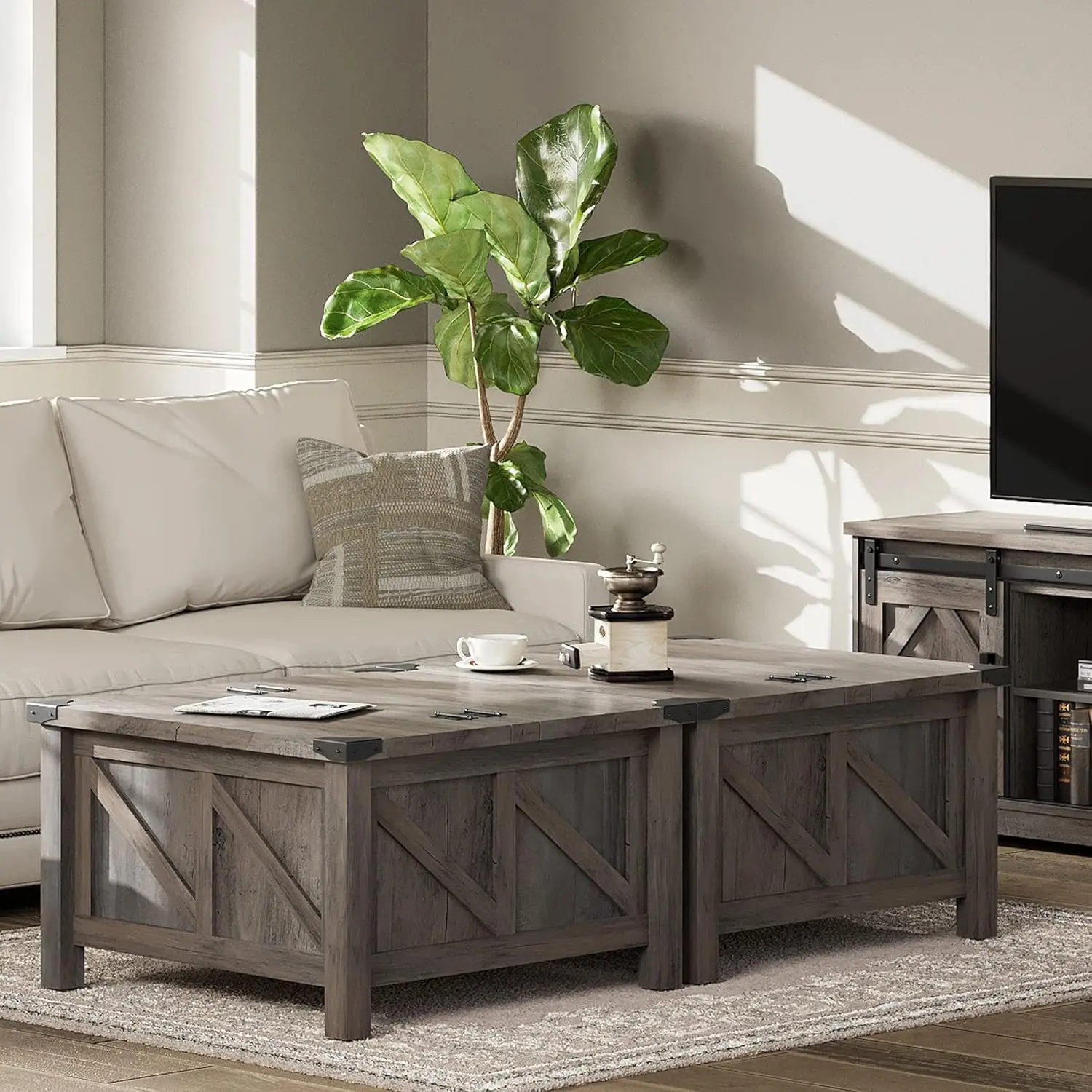 

Farmhouse Coffee Table, 2 In 1 Rustic Square Center Table With Lift Top And Storage For Living Room, 60"x 30", Wash Grey