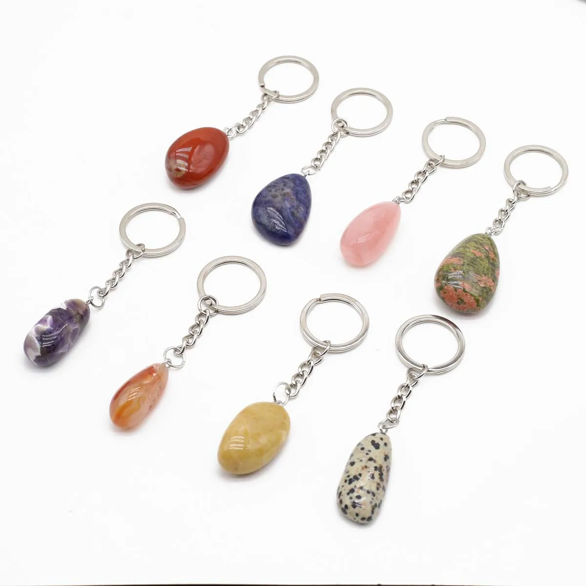 5pcs Natural Stone Cute Keychains Stainless Steel Car Keychain Accessories Reiki Crystal Irregular Shape Pendant Handbag Decor image 2