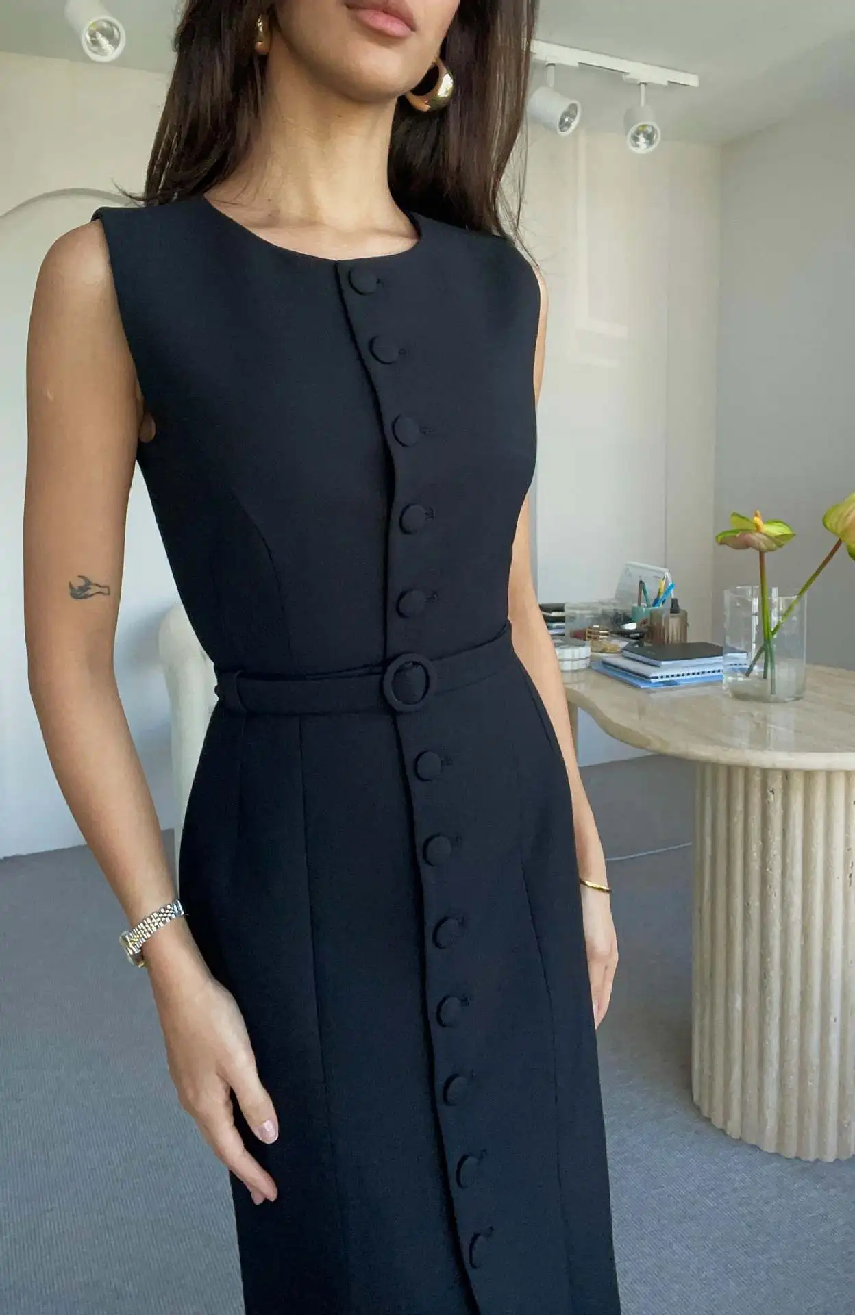 

Elegant Party Evening Dresses Women O-neck Sleeveless Single Breasted Tank Belts Slim Dresses 2026 Summer Office Lady Robes