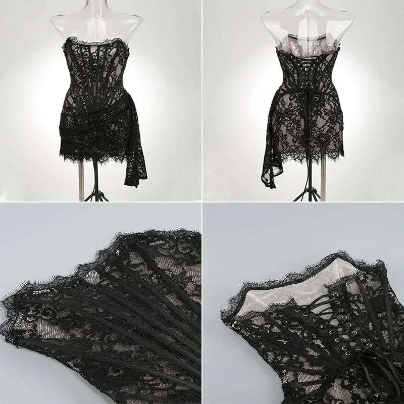 Pop Women's Sexy Lace Dress Solid Color Sheer Patchwork High Waist Lace Dress Elegant Printed Strapless Slim Evening Dress