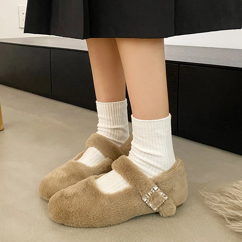 Luxury Fur Ballet Flats Woman Crystal Buckle Mary Janes Ladies Winter Warm Plush Loafers Rhinestone Evening Party Shoes