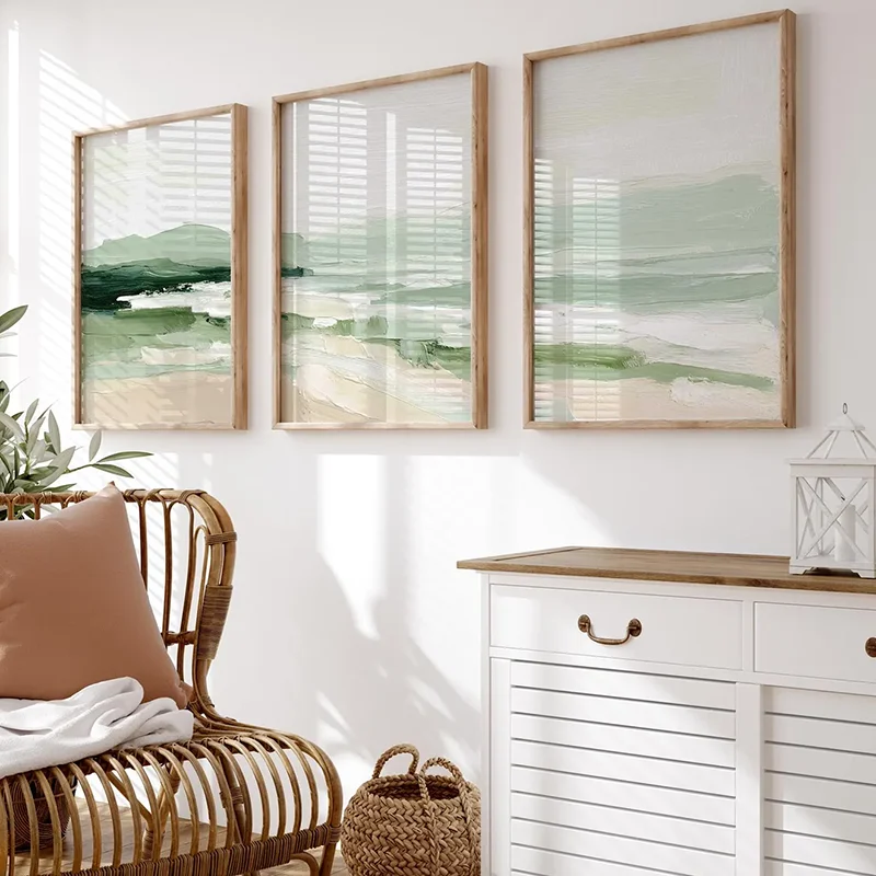 3PCS frameless decorative art print,3PCS Coastal Wave Posters Green Neutral Seascape Wall Art Canvas Paintings For Room Decor Ho