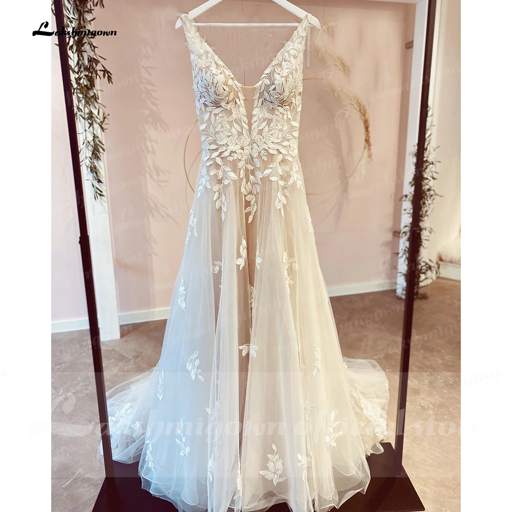 Lakshmigown scollo A V Appliques di pizzo abiti da sposa Champagne abiti da sposa una linea abito da sposa estido de noiva praiano