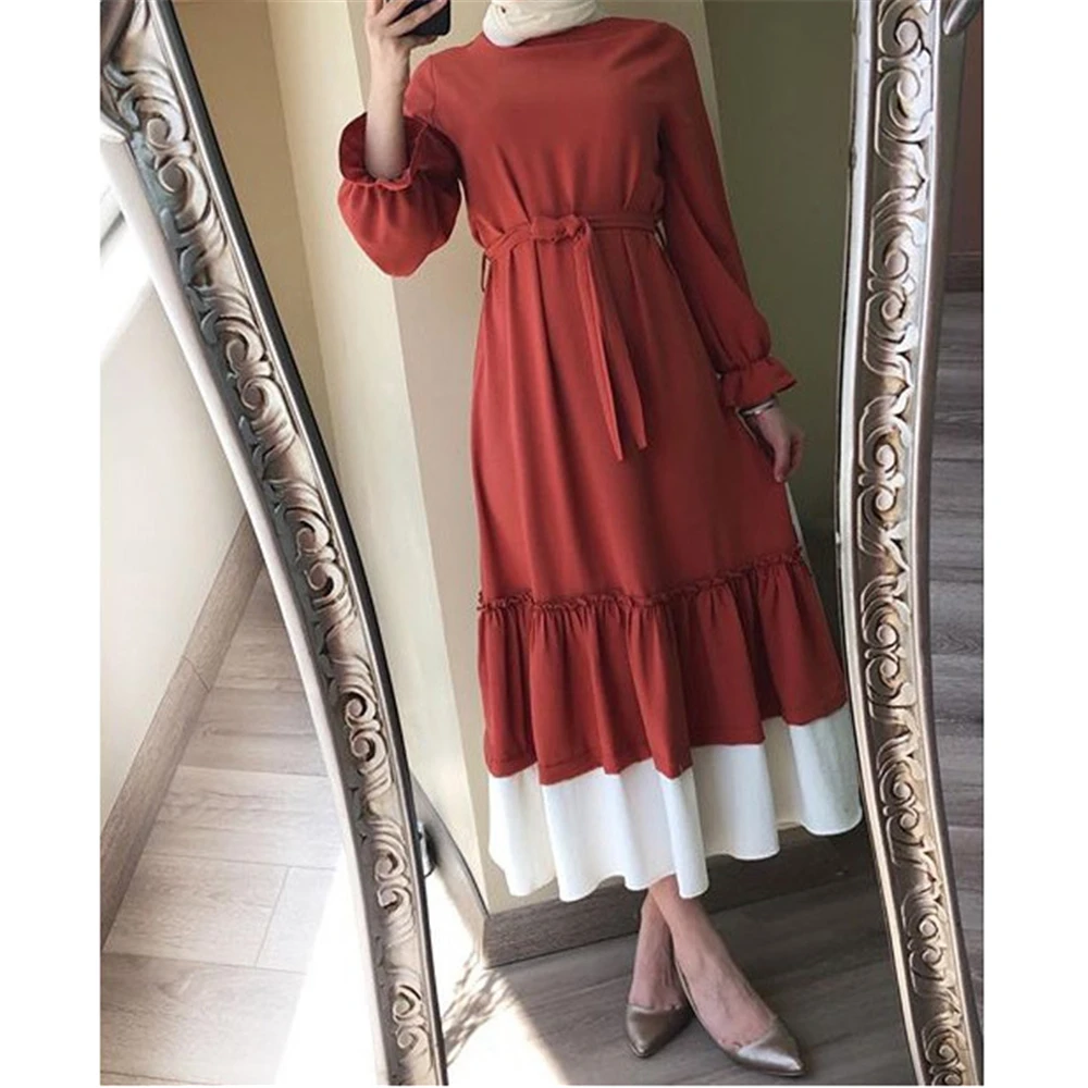 Modest Casual Mode Frauen Muslimischen Rüschen Langarm Kleid Türkei Arabischen Islam Kleidung Dubai Party Ramadan Kleid Roben Vestidos