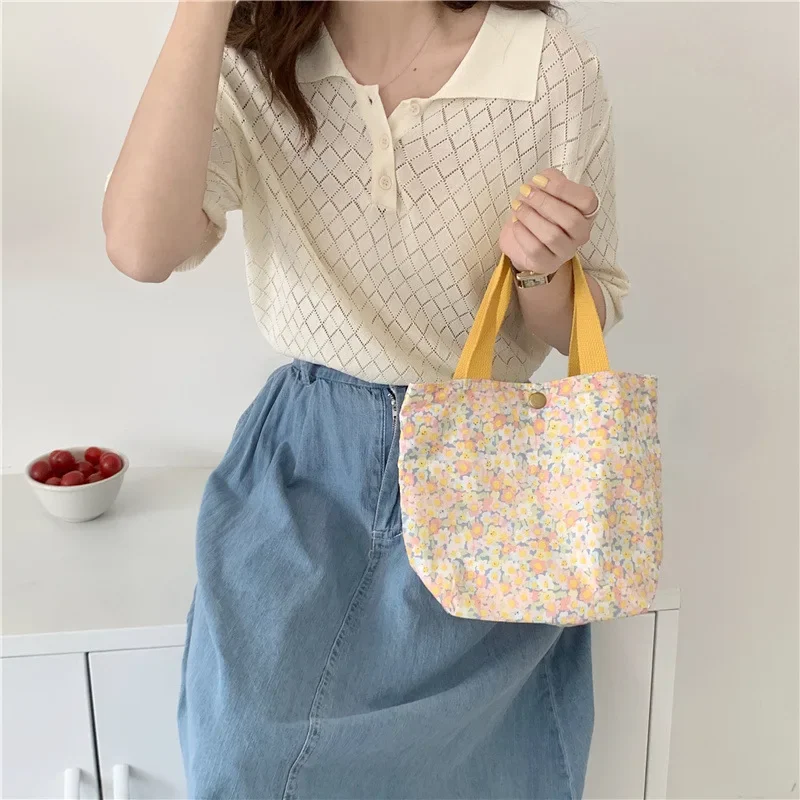 Casual Women Portable Lunch Bento Bag Retro Flower Ladies Small Handbags Cotton Cloth Female Shopper Clutch Purse Shoulder Bags