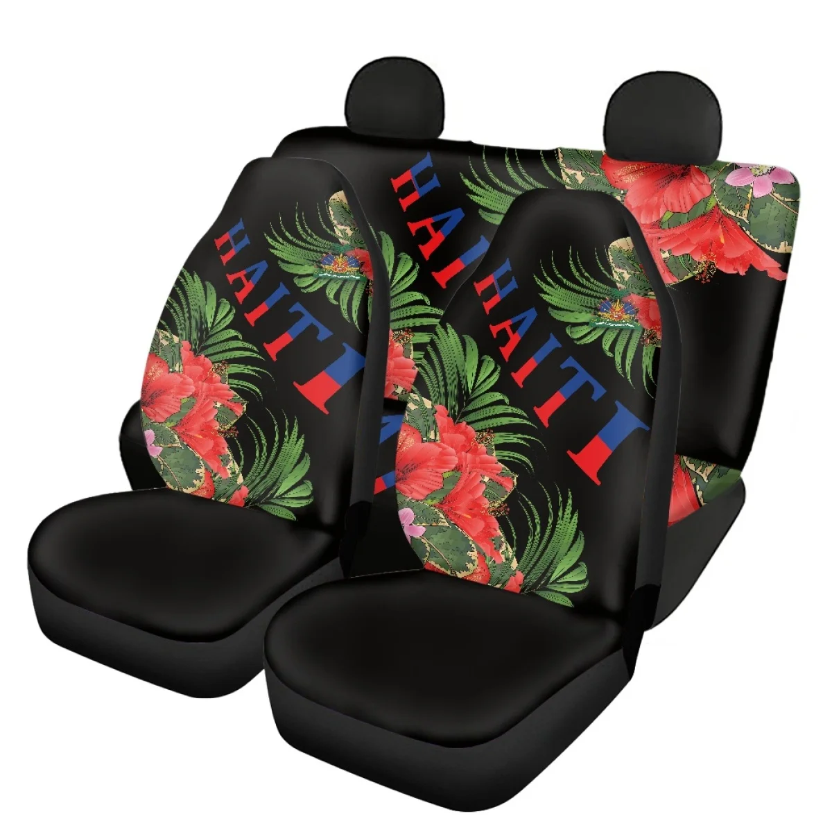 3D Print Full Set Car Seat Covers Haiti with Flowers Auto Accessories Easy Clean Non-skid Front and Back Vehicle Cushion Cover