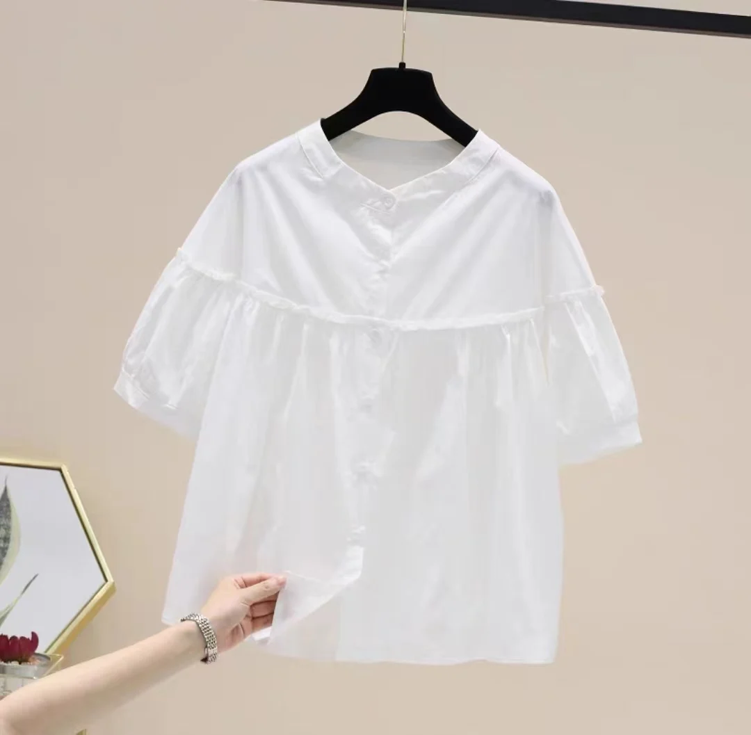 Summer Korean Fashion Women\'s Blouse Solid Color O-neck Half Sleeve Tops Casual Sweet All-match Shirts Female Clothing Chic