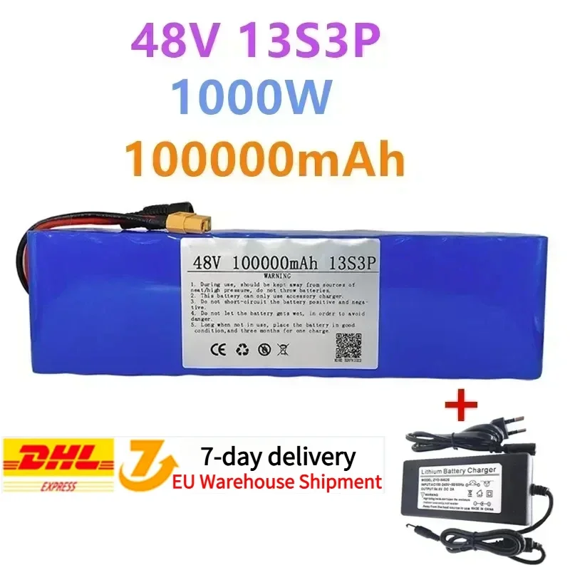 48V 100Ah 1000W 13S3P XT60 48V lithium-ion battery pack 100000mAh, suitable for 54.6V scooter with BMS+charger. The scooter type