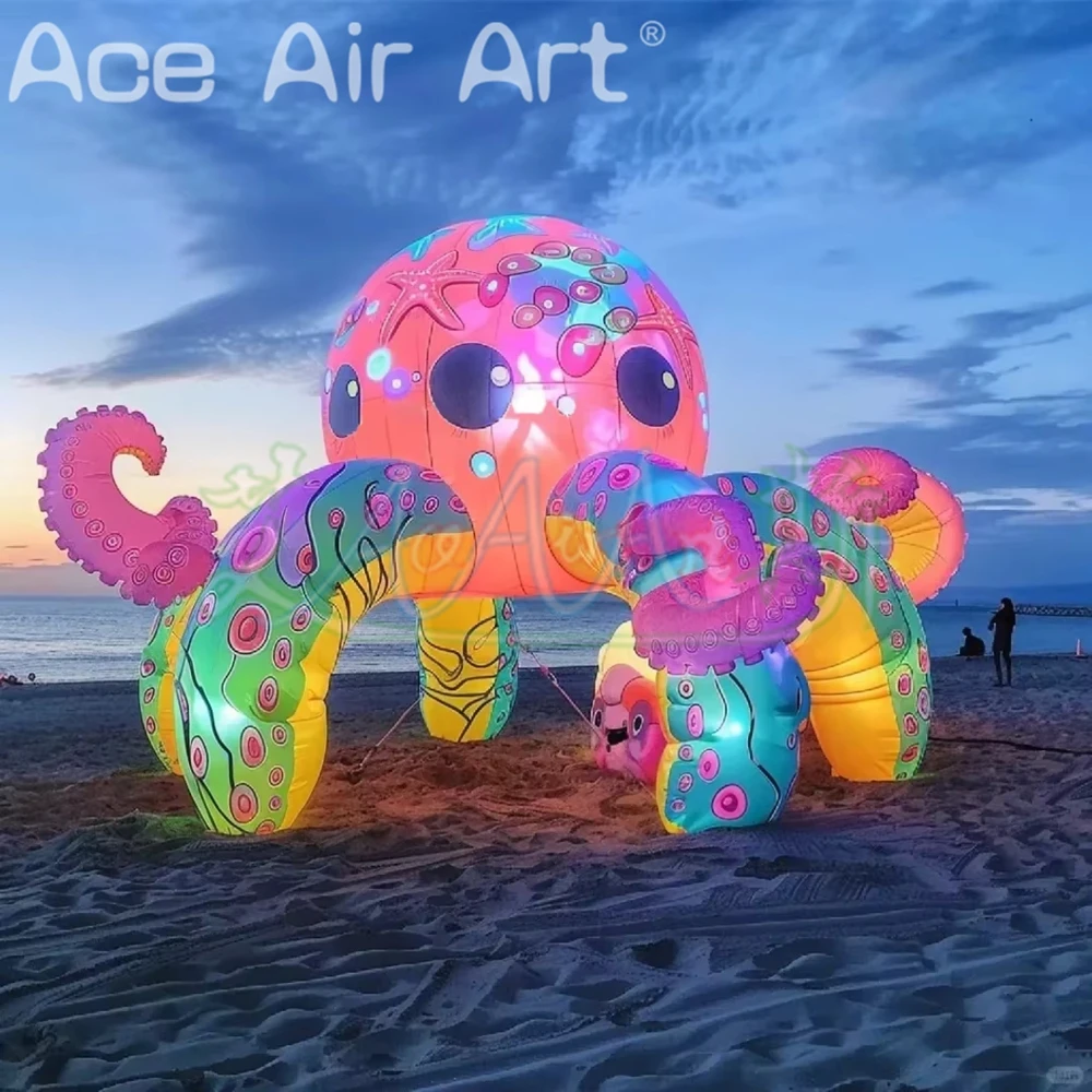 Giant Inflatable Cartoon Octopus Air Blow Marine Animal Mascot with White Light Nightclub DJ Booth Beach Stage Decoration