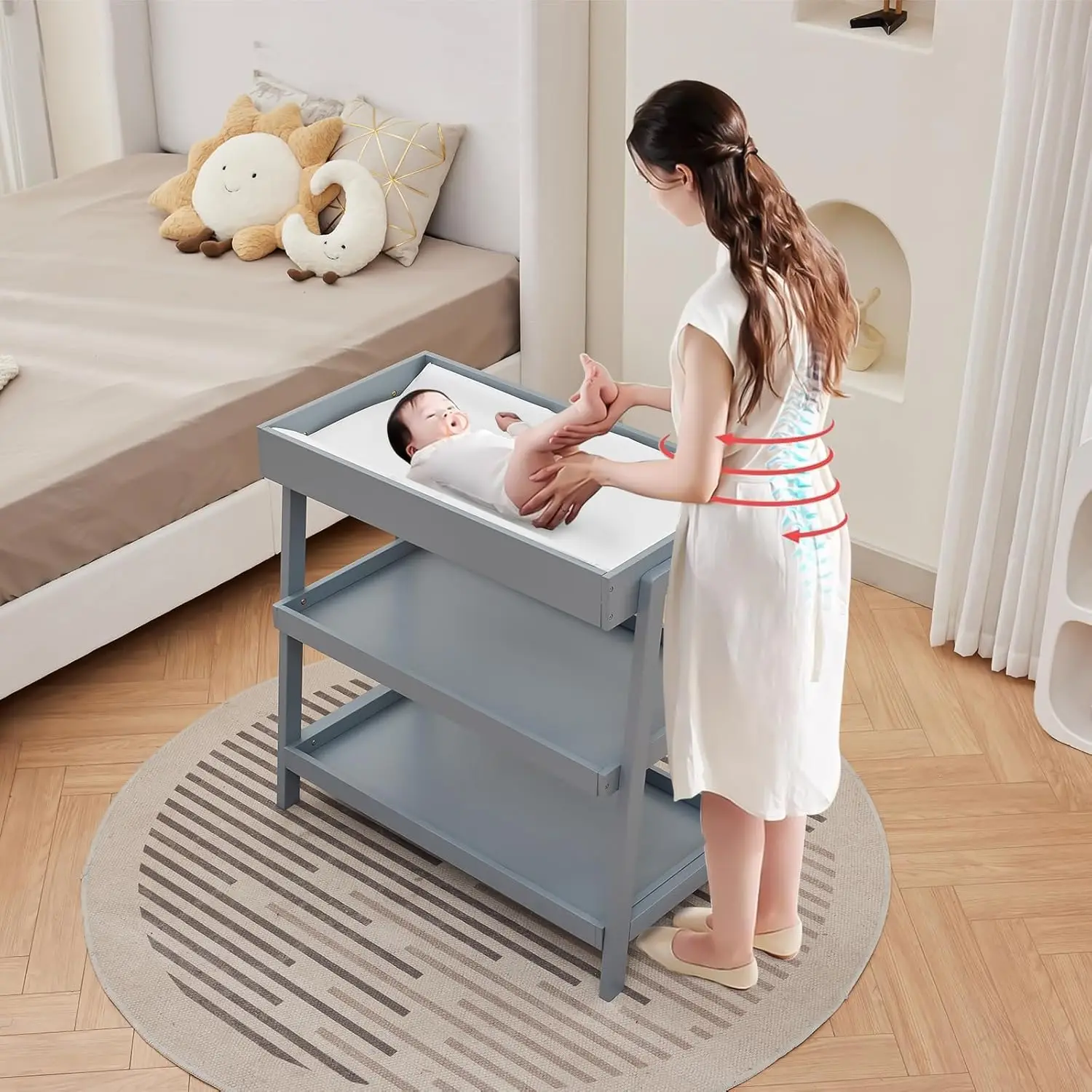 Baby Changing Table Portable Infant Diaper Changing Table with Waterproof Pad Wood Diaper Station with 2 Storage Shelves