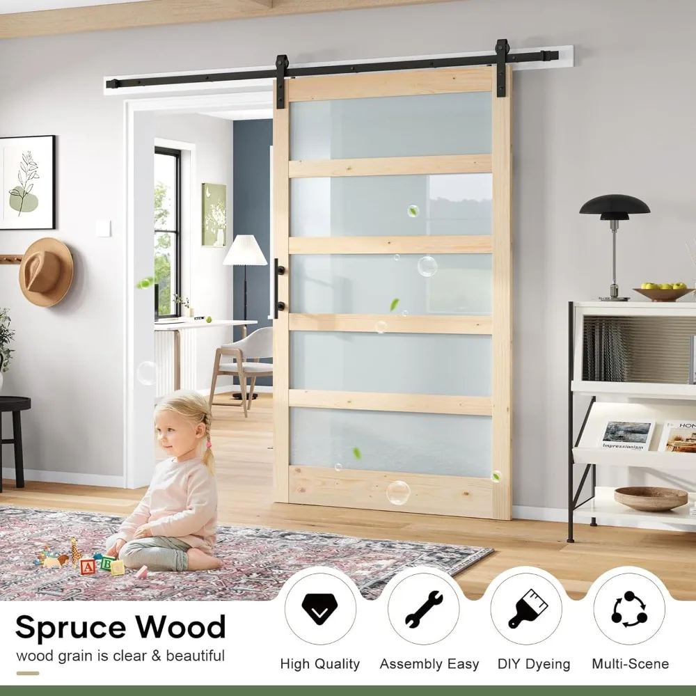 Glass Sliding Barn Door Slab with Hardware Kit Included, 5-Panel Frosted Glass, Spruce Wood Support Dyeing, Easy Assembly