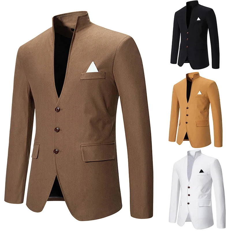 

Men's Standing Collar Suit Wedding Banquet Casual Slim Suit Solid Color V-Neck Three-Button Suit