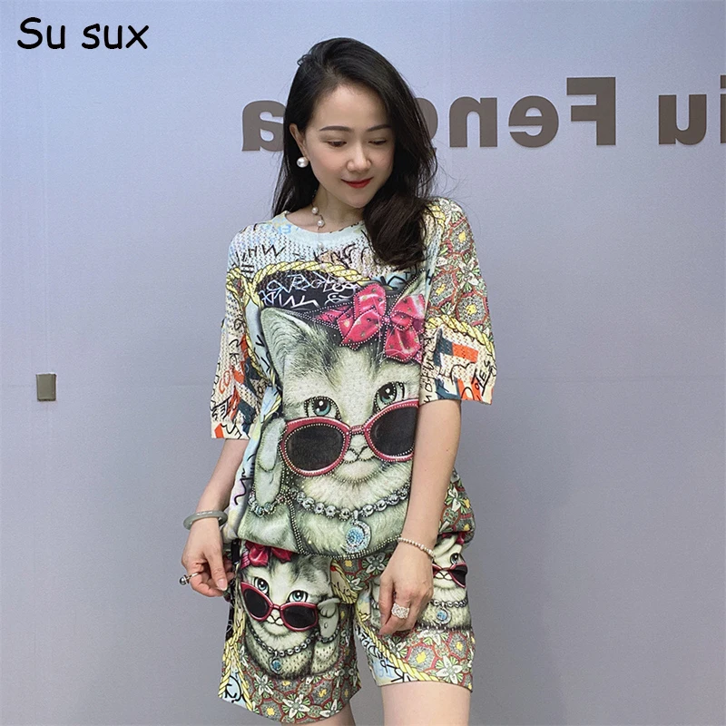 

Женские трикотажные короткие брюки с мультяшным котом, Корейская одежда Y2k, Повседневная Свободная футболка с коротким рукавом, наряды, уличная одежда, лето 2024