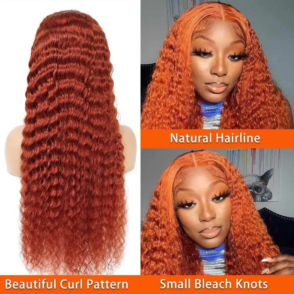 13x6 Lace Frontal Wig HD Transparent Curly Human Hair 100% Ginger Colored 30 40 Inch Deep Wave Brazilian Wigs For Women Choice