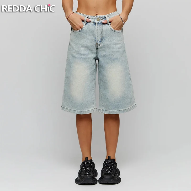 

REDDACHiC Summer Knee Long Jean Shorts Solid Loose Fit Vintage Wash Casual Wide Leg Denim Bermuda Pants Korea Women Streetwear