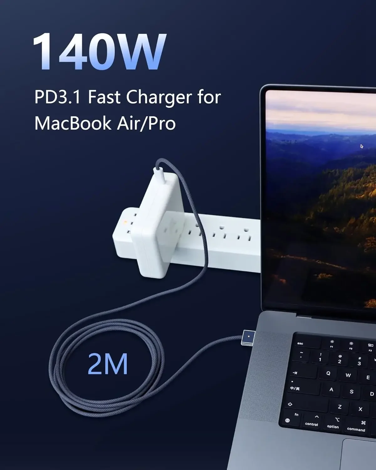 Upgraded USB-C to Magnetic 3 Cable Compatible with MacBook Air/Pro (2021-2025), 140W Fast Charging, 6.6ft Braided, Midnight