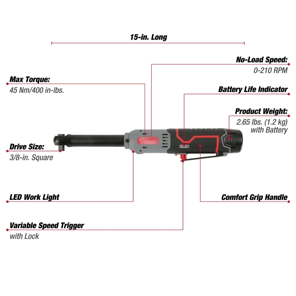 Hyper Tough 리튬 이온 무선 확장 범위 래칫, 12V Max * 3/8, 1.5Ah 배터리 및 충전기 포함