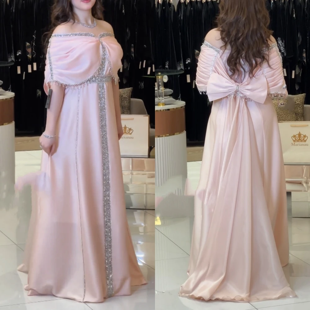 Vestido de noche de satén con borlas y lazo, traje largo con diamantes de imitación, hombros descubiertos, a medida, Arabia Saudita