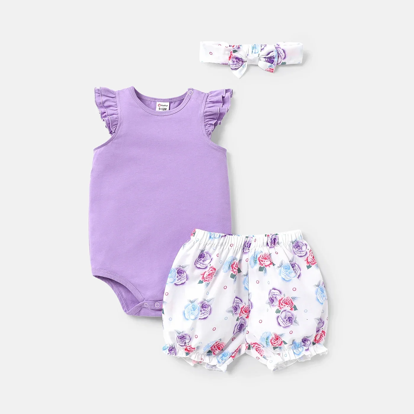 PatPat 3pcs Baby Girl 100% Cotton Ruffle-sleeve Romper and Floral Print Shorts & Headband Set Soft and Comfortable